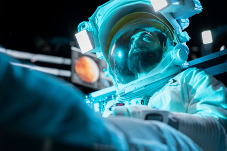 Cosmonaut losing hope, fainting after space station catastrophe during journey to Mars. Blue lights...