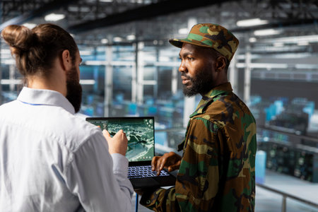 Military technician in data center monitoring warfare drone imagery in server farm command center. IT specialist in army server room using tactical interface to support aerial operations.の写真素材