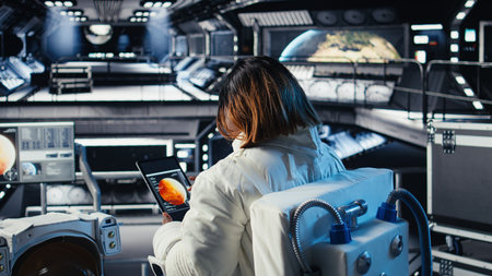 Astronaut navigates to red planet, doing human expansion in space to seek extraterrestrial life. Cosmonaut studying cosmic origins during mankind survival expedition to Marsの写真素材