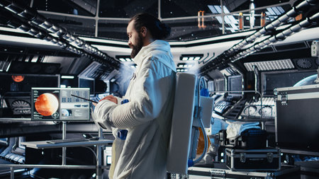 Astronaut monitoring life support systems before stepping out for scheduled operations outside space...