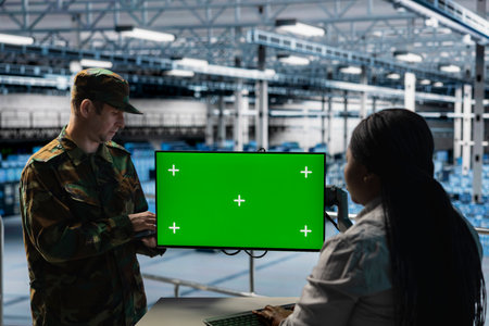Teamworking soldiers in server hub doing brainstorming, checking reports on green screen display....