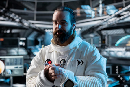 Cheerful cosmonaut inside spaceship preparing for planetary mission outside. Upbeat orbital station crew member wearing equipment beginning landing procedures on solar system planetの写真素材
