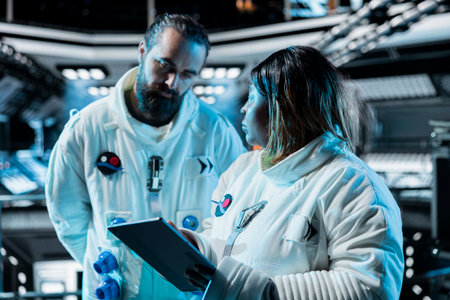 Team of cosmonauts managing systems using tablet, preparing for planetary mission outside. Astronauts look at orbital navigation data in cockpit, beginning landing procedures on planetの写真素材