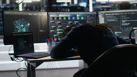 Data center admin frustrated with malfunctioning node tree software analyzing datasets. Server hub...
