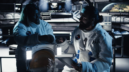 Researchers fly together in starship exploring Mars, expanding human presence in space Cosmonauts...
