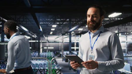 Cheerful data center admin doing maintenance tasks on tablet, ensuring optimal performance. Upbeat IT professional reviewing diagnostics and applying patches to server hub gear,の写真素材