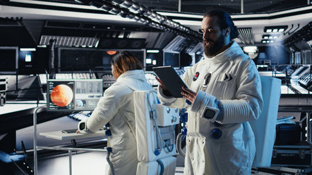 Astronaut conducting safety checks before stepping out for scheduled operations outside space...