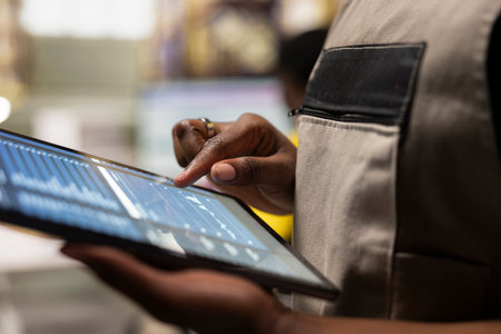 Close up of female warehouse employee checking cargo dispatch details next to storage racks, solving shipment logistics to ensure seamless import export operations. Online shopping large business.の写真素材