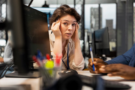 Concerned woman working with a colleague in a stressful situation, struggling to meet project deadline and feeling exasperated with the overwhelming tasks. Tension at the job.の写真素材