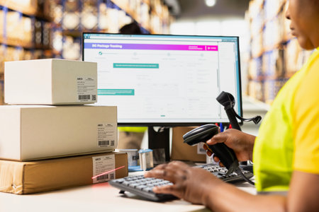 African american woman scanning shipping labels and barcodes, registering the airway billnumbers in the package tracking interface. Using scanner to help with inventory in warehouse.の写真素材