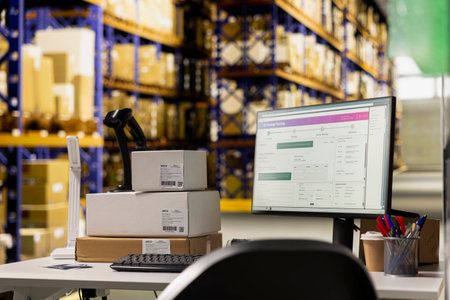Empty distribution hub with big industrial storage racks filled with packages for large scale e-commerce operations. Space designed for fast delivery, product packaging and order processing.の写真素材