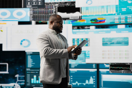 Modern business manager thinking about new successful ideas to increase his profit and develop the...