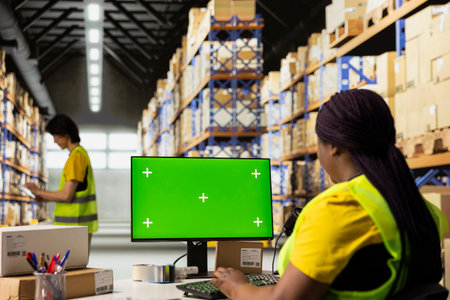 Warehouse worker in a hi-vis vest uses copy space display with technology of shipping software, packaging systems and inventory management tools. automation in e-commerce logistics.の写真素材