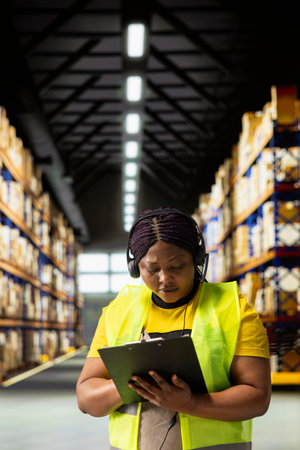 African American woman in workwear handles calls on the help line, assisting customers needing help with parcel tracking or wrong address shipments and airway bill corrections.の写真素材