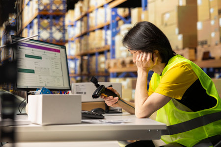 Exhausted asian worker in hi vis vest scanning shipping labels and falling asleep at stock room...