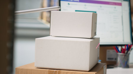 Female worker managing barcodes and shipment details scanning tasks for online shopping orders, goods with shipping labels awb numbers on boxes. Distribution hub staff in hi vis vest. Camera B.の写真素材