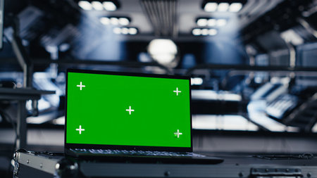 Green screen laptop in spacecraft used for data input next to nearby monitor showing Mars mission analysis. Mockup notebook assisting space station crew in managing planetary observationsの写真素材