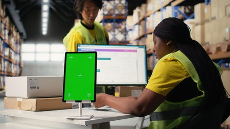 Warehouse employee in hi vis vest uses copy space display with technology of shipping software, packaging systems and inventory management tools. E-commerce logistics. Camera A.の写真素材