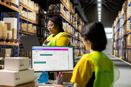 Worker reviewing products and organizing parcels on laptop in a startup warehouse. Storage racks...