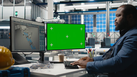 Male tech specialist reviewing assembly line next to mockup on pc, manages factory operations in...