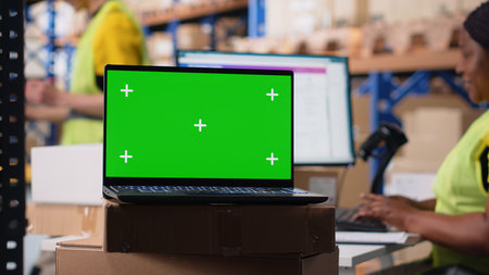 Staff reviews chroma key monitor in the stock room for data entry, inventory tracking mockups and visuals or barcode printer interfaces. Logistics worker packages cargo in the foreground. Camera B.の写真素材
