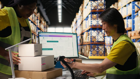 Asian employee registering airway bills in storehouse industrial depot, scanning barcode for shipment details on the package tracking software. Fulfillment center inventory tracking. Camera A.の写真素材