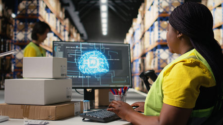Young woman scanning barcodes with AI automation systems to handle warehouse operations, managing...