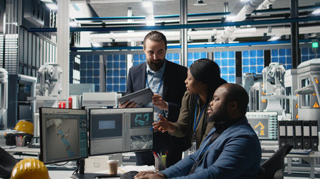 Group of professional consultants reviewing data and checklists in a high tech solar panel plant,...