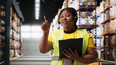 Black customer service worker speaks with clients about cargo issues, helping with the parcel information from the industrial warehouse. Woman resolves order mix up on headset. Camera B.の写真素材