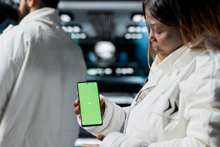 Scientists using chroma key phone in high tech starship during cosmic journey. Cosmonauts travelling in space conducting scientific experiments in orbit using isolated screen smartphoneの写真素材