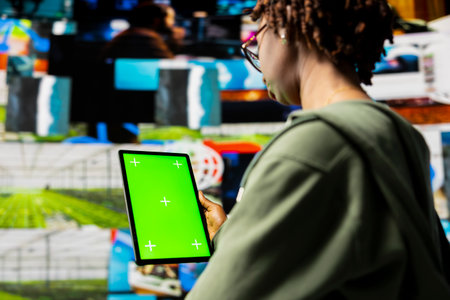 Close up of woman using mockup tablet, enjoys leisure time with content on video streaming services. Person watches media VOD broadcasts on green screen device in front of digital backdrop with clipsの写真素材