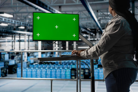 Server hub IT specialist uses mockup chroma key computer, implementing backup solutions. Data center...