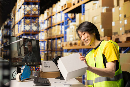 Asian worker meeting with CEO on online video conference call on computer, ensuring e-commerce...