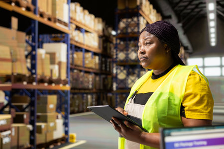 Fulfillment center employee manages shipments and custom orders, ensuring every parcel distribution...
