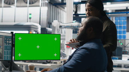 Team of african american consultants work with chroma key screen in the solar panel factory,...