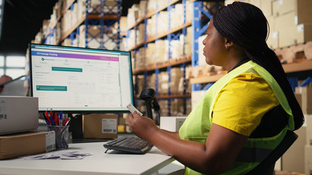 African american employee updating the order logistics software, preparing the shipment labels for...