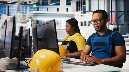 Black engineer runs diagnostic checks on solar panel assembly software, optimizing the production process and solar cells designs for alternative energy. High tech modern factory. Camera B.の写真素材