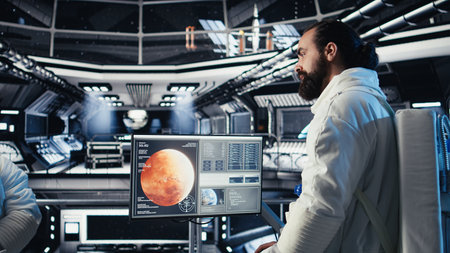 Astronauts flying together in starship exploring Mars, advancing scientific knowledge. Cosmonaut in...