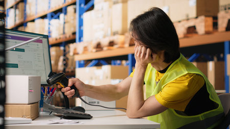 Sleepy asian staff member dealing with burnout in industrial warehouse, struggling to keep awake and...
