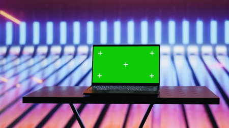 Trendy urban environment filled with neon lights and a chroma key screen, reflecting cyberpunk aesthetics for a digital concept rich in technology, neon glow and artistic street visuals. Camera A.の写真素材