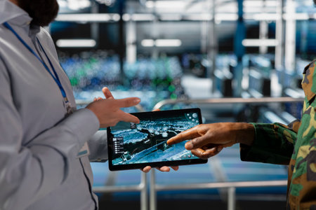 Military technician reviewing tactical dashboard on tablet screen in server hub, standing on industrial platform. Army expert using strategic communications and infrastructure software systems.の写真素材
