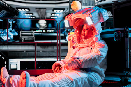 Injured female astronaut starting to lose consciousness from low oxygen levels after life support malfunction. Woman in orbit station fainting from environmental hazard triggering red light warningの写真素材