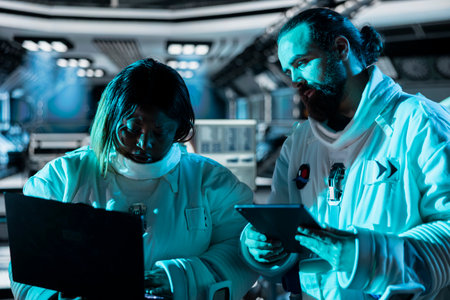 Astronauts wearing spacesuit inside futuristic spacecraft approaching distant alien planet. Spacemen covered in blue light prepare for space travel operations, reading data on devicesの写真素材