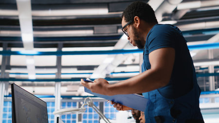 Supervisor in solar panel factory investigating potential malfunctioning systems, reading paperwork and user manuals. Inspector ensuring seamless production, reducing downtime. Camera A.の写真素材