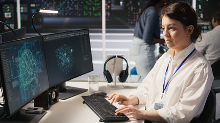 Data center technician monitors server rigs performing AI training and inference tasks. Server hub...