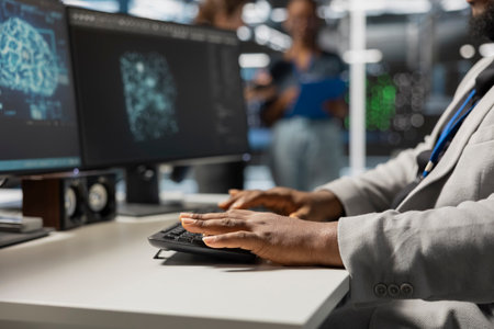 Close up of data center admin coding, using artificial intelligence networks tech. Server farm...