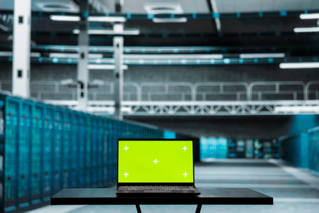Green screen laptop in high tech data center used to troubleshoot backend operations. Mockup...