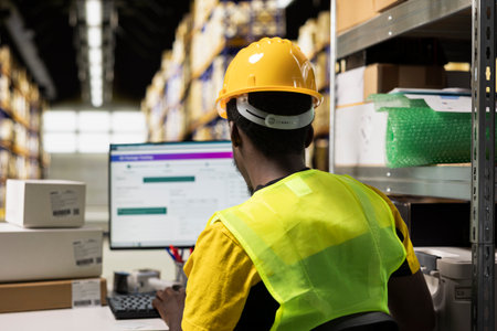Warehouse worker focusing on supply chain logistics with tracking software, managing shipping labels for e-commerce orders. Man organizing items for shipping and ensuring inventory check.の写真素材