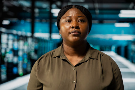 Close up of technician doing maintenance in data center with setup. Worker walks in server farm with machines blinking lights showing system activityの写真素材