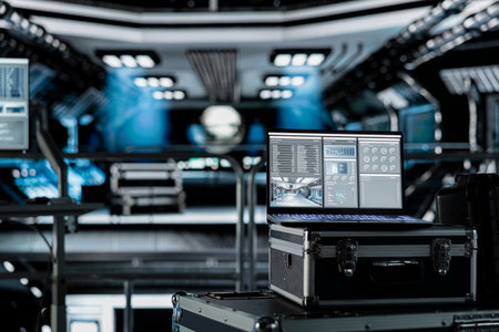 Close up of laptop inside futuristic spaceship control bay displaying diagnostics and mission telemetry. Notebook screen in spacecraft shows performance metrics and onboard system navigation supportの写真素材